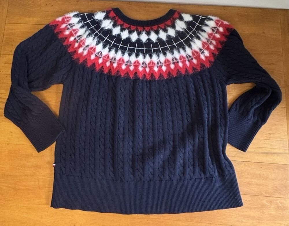 Tommy Hilfiger Fair Isle Sweater Plus 1x  Navy Blue Red White Cable Knit Nordic